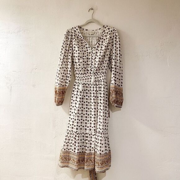 Cleobella Blakely Floral Long Sleeve Midi Dress in White Brown Large - Picture 2 of 8